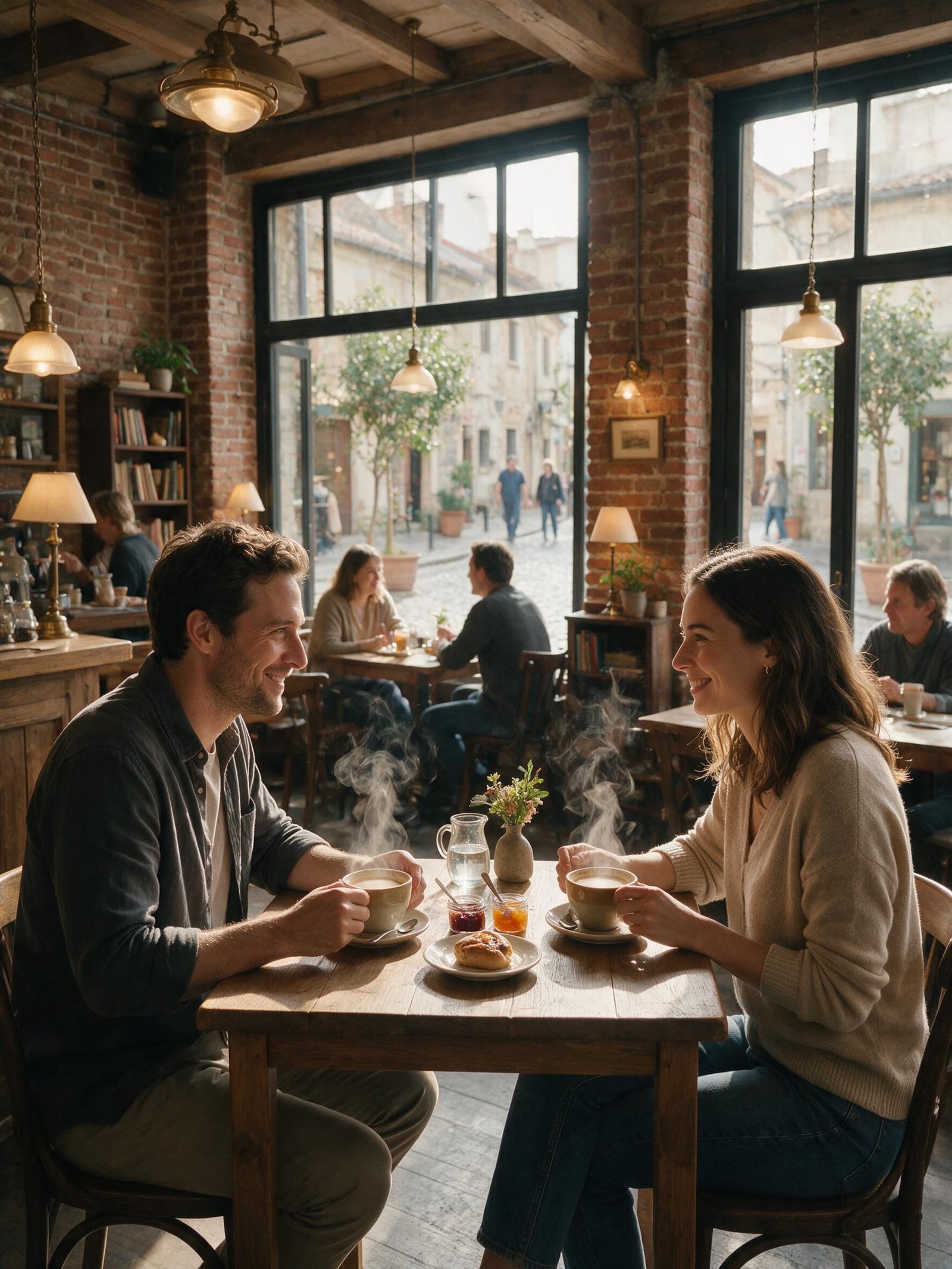 AI-generated café date couple photo with warm interior lighting, merged from two individual portraits