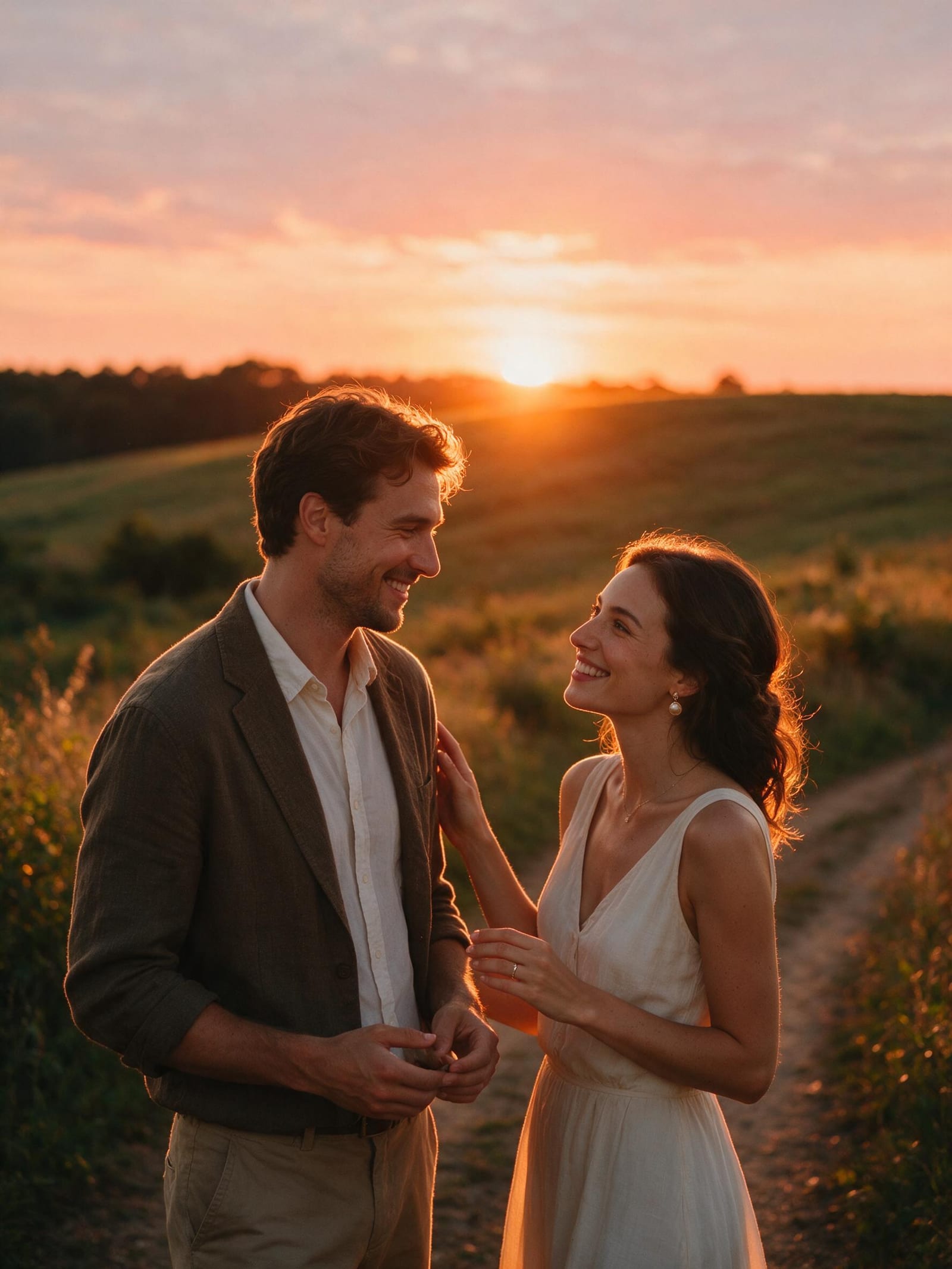 Couple portrait at golden-hour sunset with cinematic rim light, generated with Seedream 5 Pro on CreateVision AI, first take