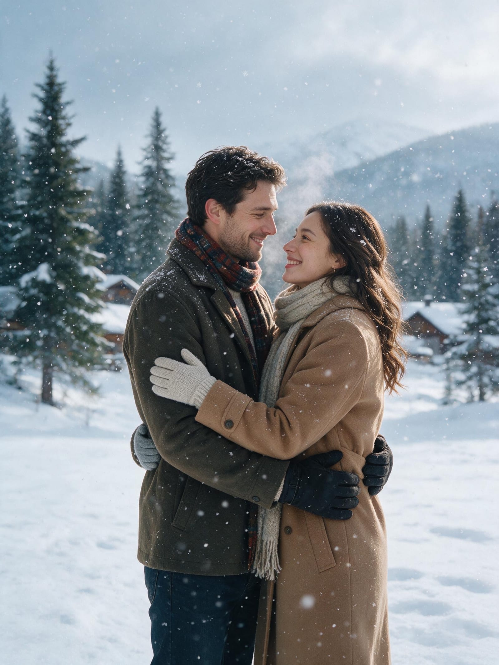 AI couple photo in falling snow — winter scene generated from two separate selfies with matching cold-light tones