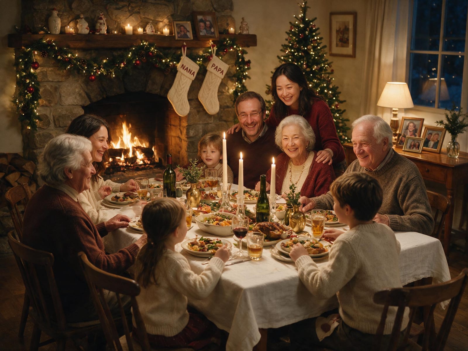 AI group photo example — holiday gathering merged into one natural group picture