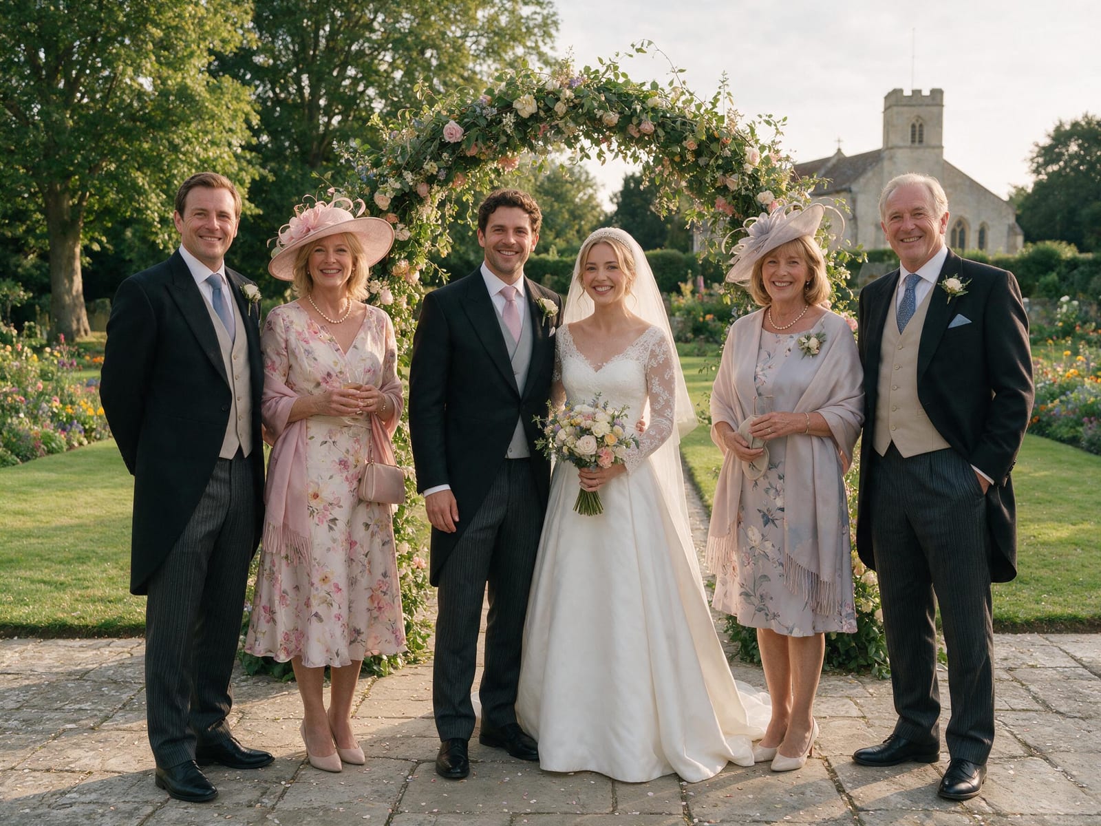 AI group photo example — wedding guests merged into one natural group picture