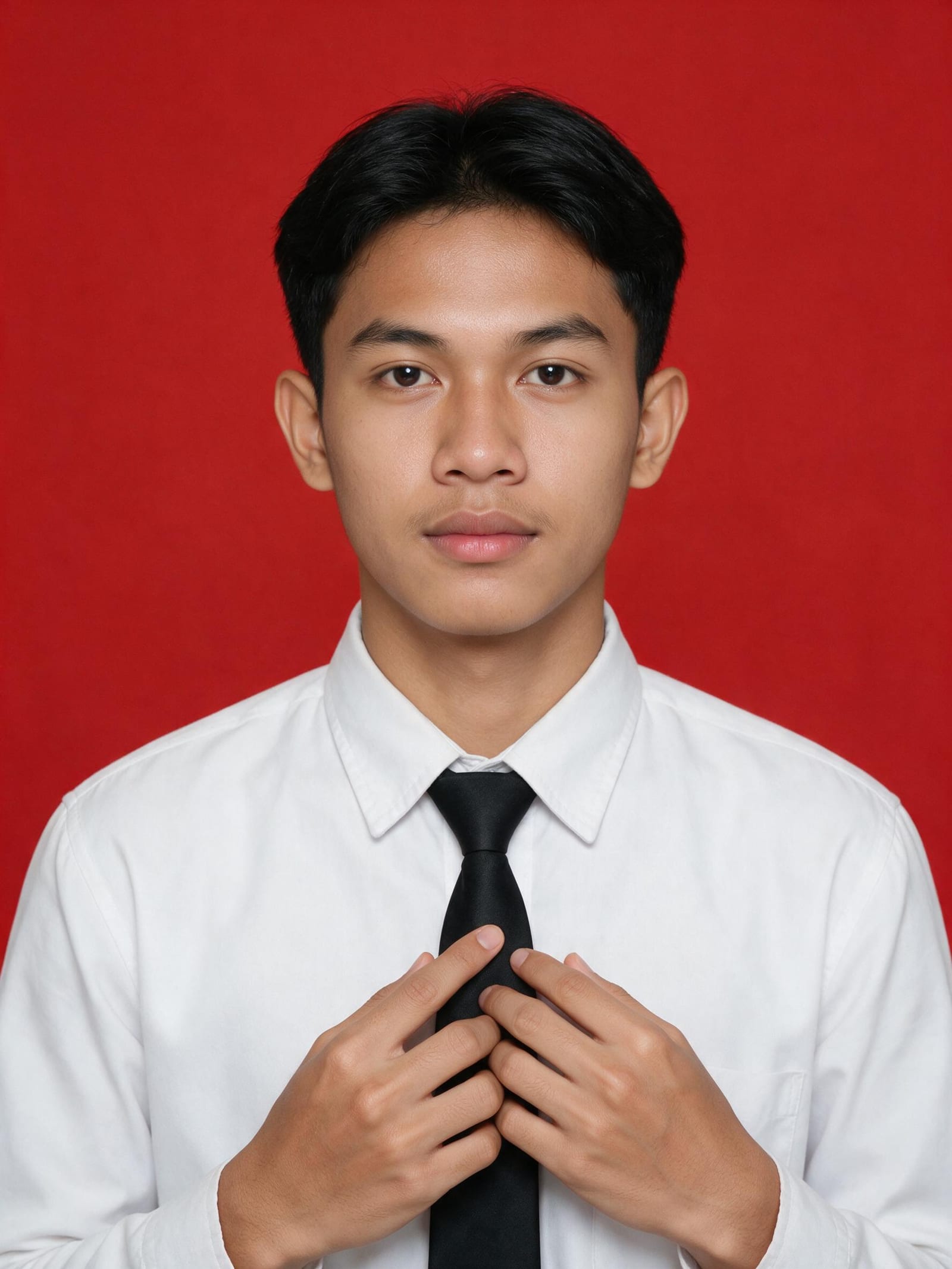 AI ID photo example — red background passport-style picture with correct size and background