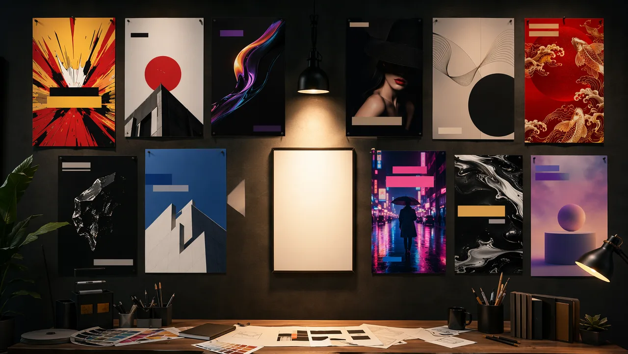 A studio wall of marketing posters in a dozen design styles