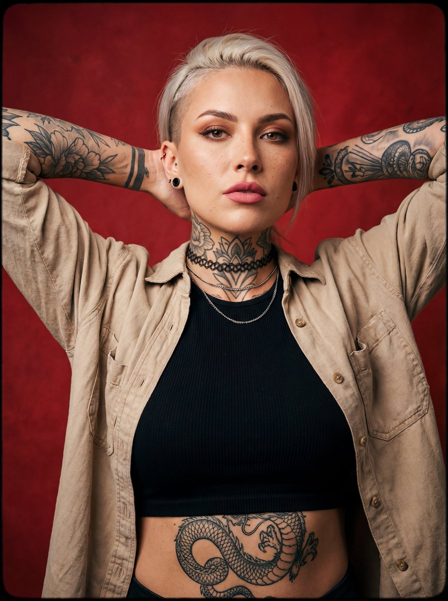 AI image generated with this prompt — Alternative tattooed woman studio portrait