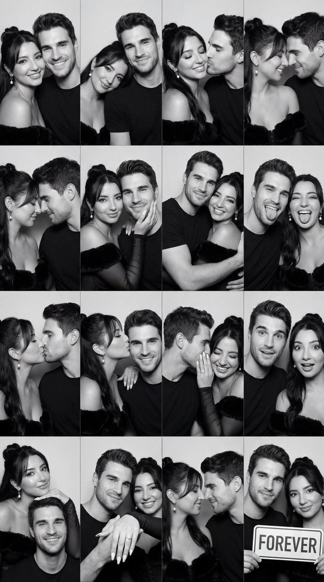 AI image generated with this prompt — Black and White Photobooth Couple Grid Prompt (16 Panels)