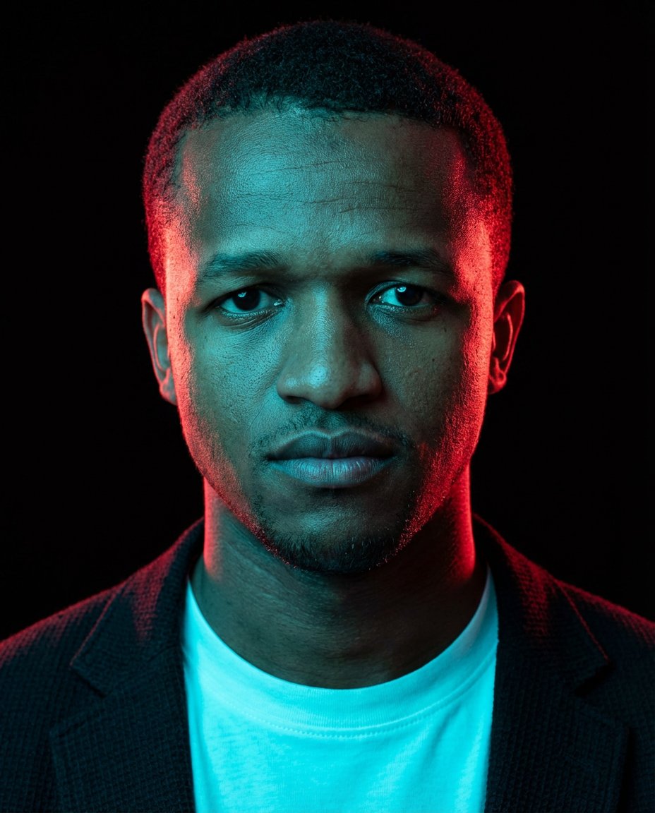 AI image generated with this prompt — Cinematic Cyberpunk Portrait with Split Neon Lighting