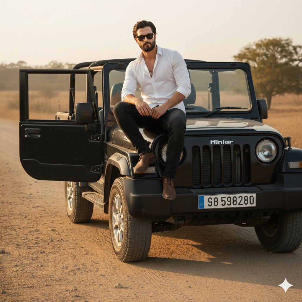 Cinematic Jeep Driver Portrait Prompt with Face Match