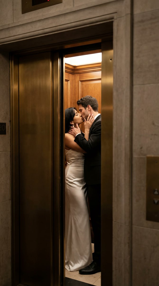 AI image generated with this prompt — Cinematic Photoreal Elevator Kiss Scene
