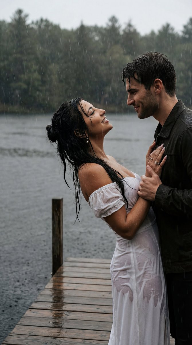 AI image generated with this prompt — Cinematic Rainy Lakeside Couple Scene Prompt (Reference Lock)