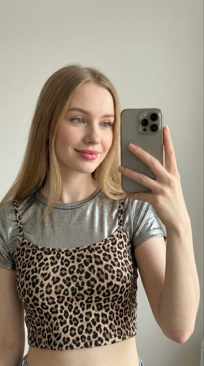 Close up Selfie Of A Woman In Leopard Print And Metallic Shirt AI close-up-selfie-of-a-woman-in-leopard-print-and-metallic-shirt-ai