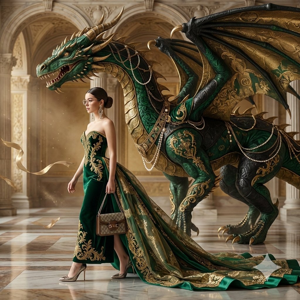 Couture Woman and Colossal Dragon in Renaissance Palace