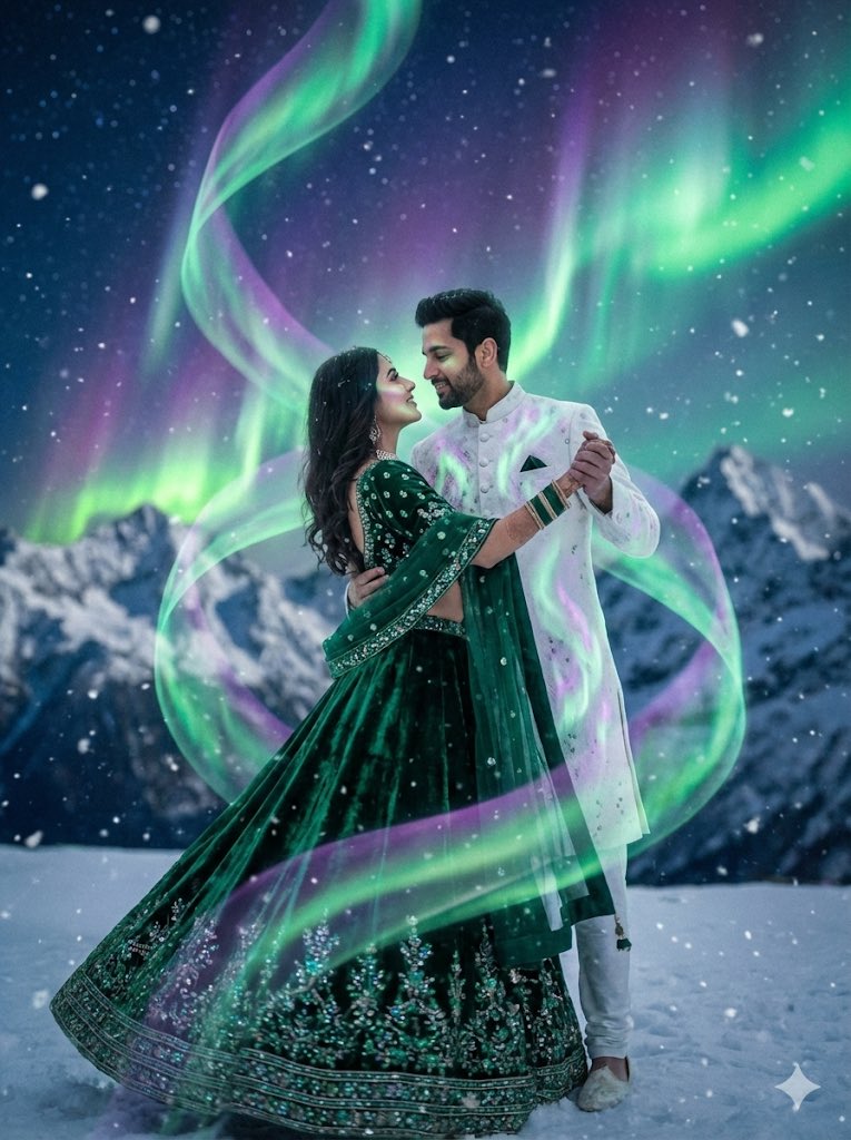 Wedding AI prompt example — Dreamy Surreal Pre-Wedding Dance under Aurora Borealis