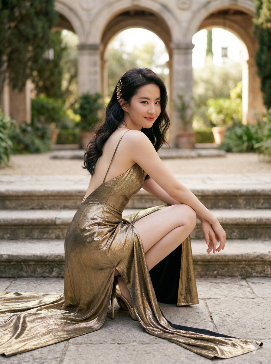 Retrato elegante al aire libre con vestido de noche dorado - AI Prompt ...