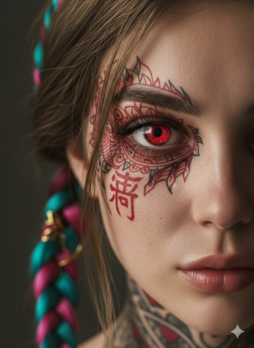 Extreme Close-Up Cinematic Portrait with Tattoos and Red Eye