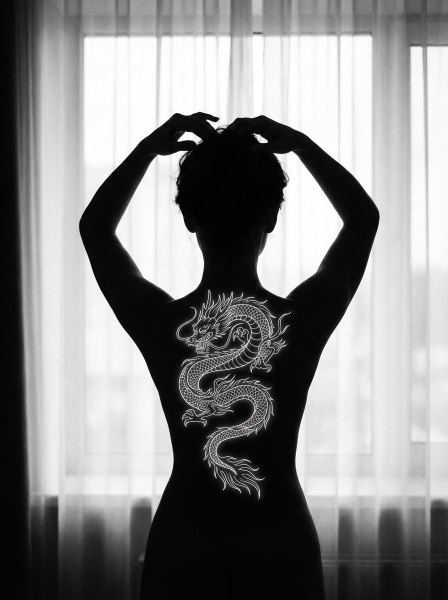 الوشوم AI prompt example — Fine-Art Silhouette with Glowing Dragon Tattoo