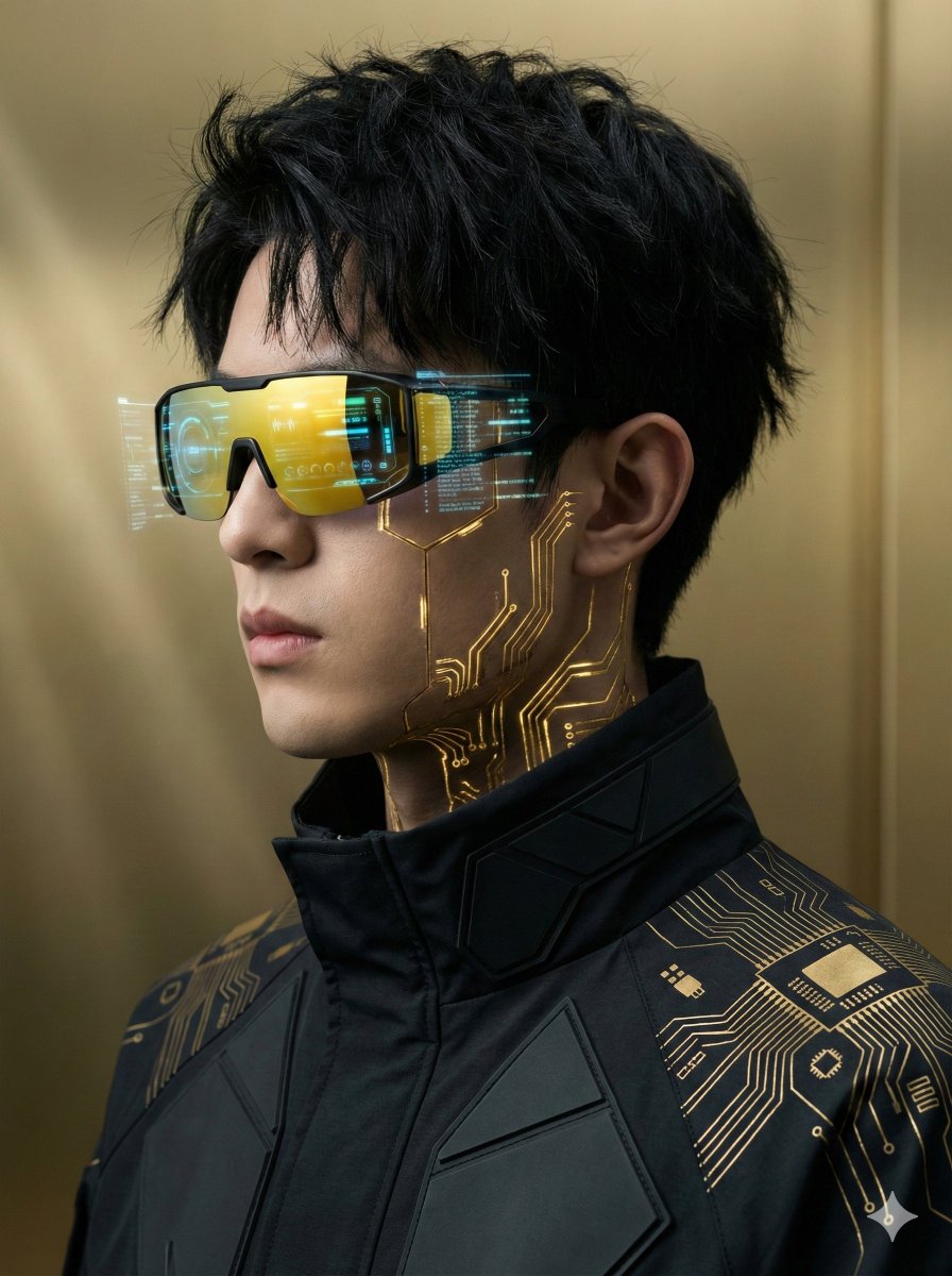 السايبربانك AI prompt example — Futuristic Cyberpunk Portrait with Golden Circuitry