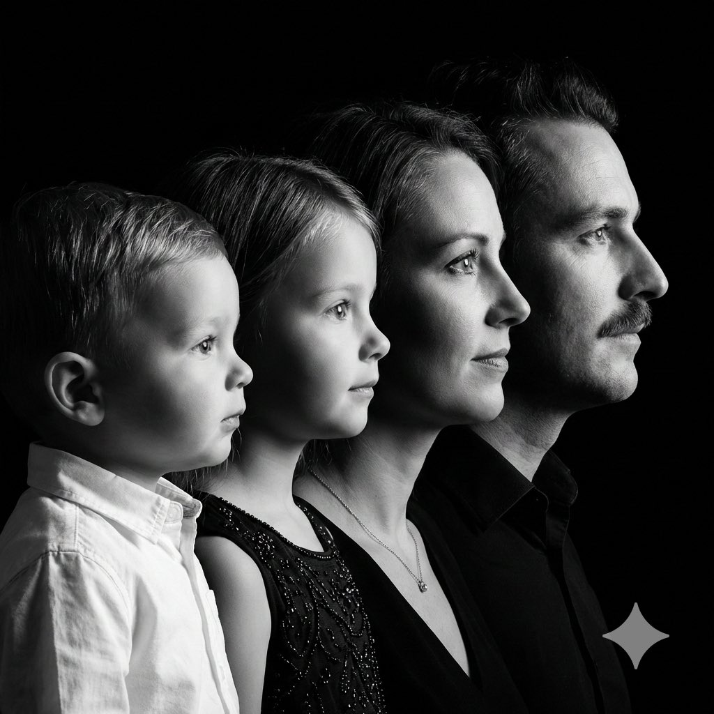 Contrast In Family Computer High-Contrast Black and White Family Studio Portrait - AI Prompt ...