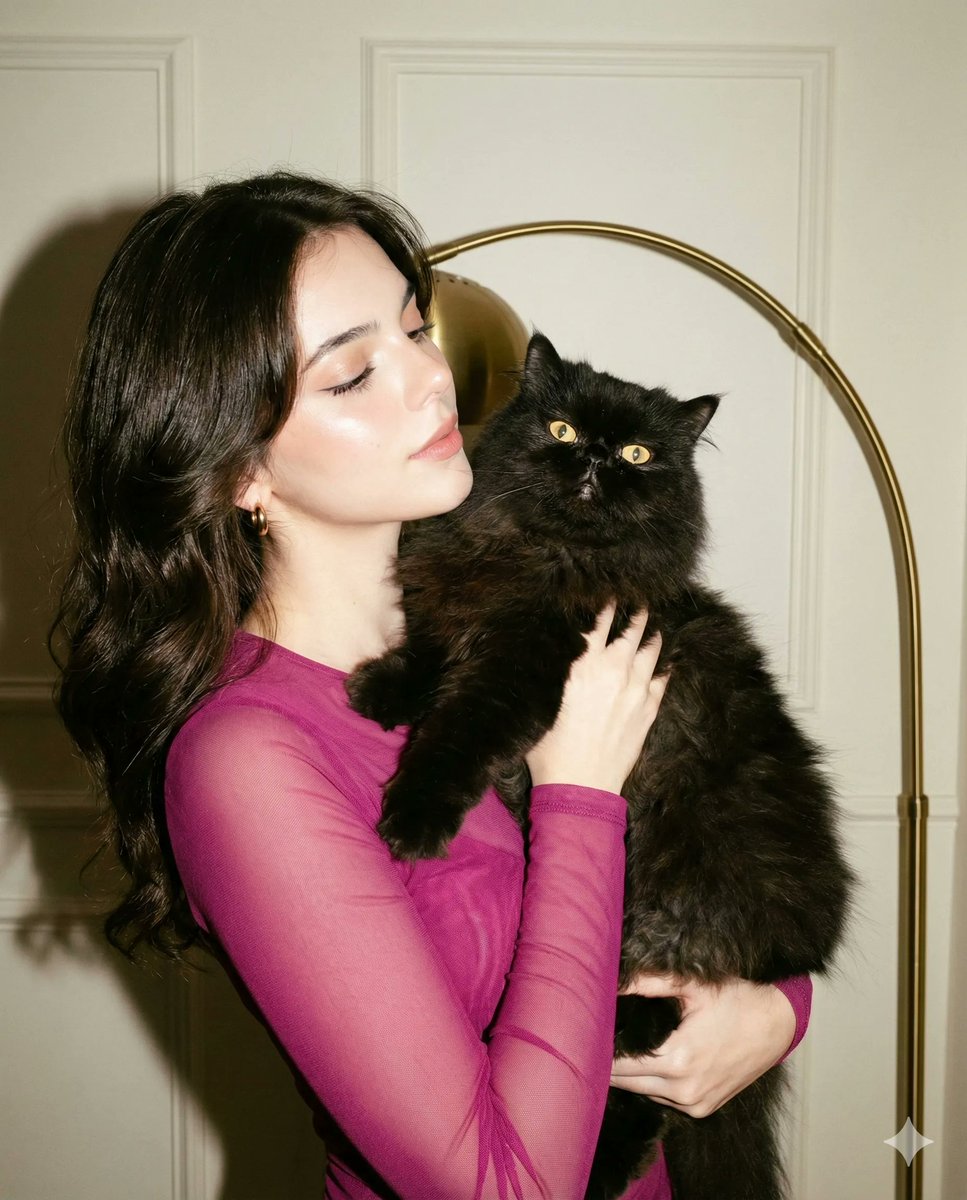 Nano Banana Pro prompt example — High-Fashion Flash Photo with Cat (Facial Edit Lock)