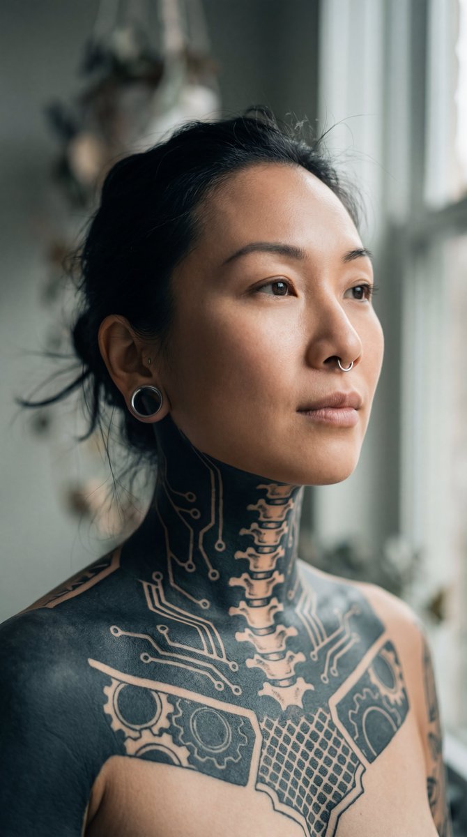 الوشوم AI prompt example — Intimate Portrait of East Asian Woman with Extensive Blackout Tattoos