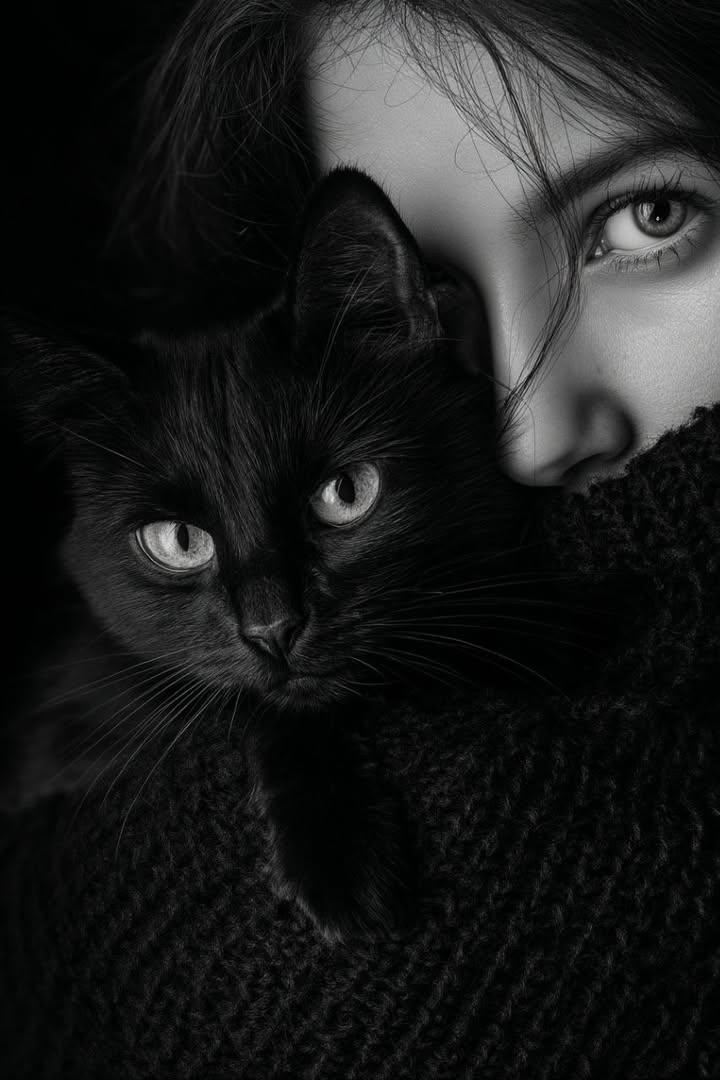 AI image generated with this prompt — Moody Black and White Portrait with Cat