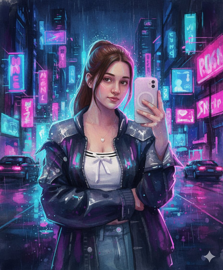 অ্যানিমে AI prompt example — Neon Cyberpunk Watercolor Fusion Illustration Prompt