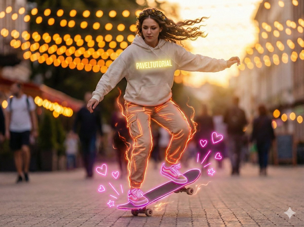 AI image generated with this prompt — Neon-Outlined Skateboarder Action Shot
