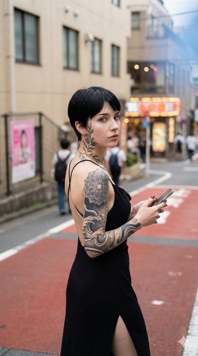 الوشوم AI prompt example — Photorealistic Snapshot of a Woman with Tattoos in a Japanese Urban Setting