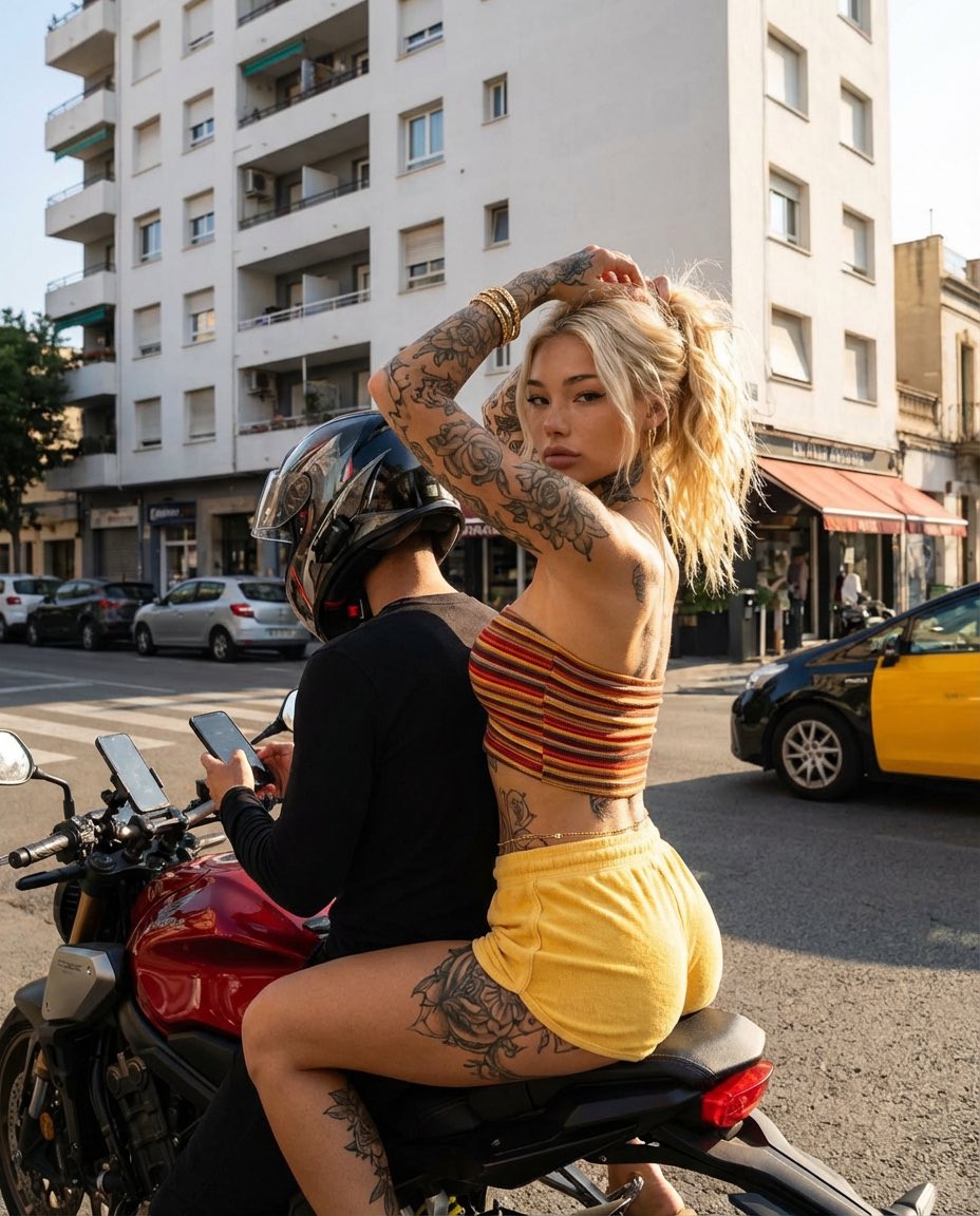 Photorealistic Street Photography of Tattooed Woman on Motorcycle