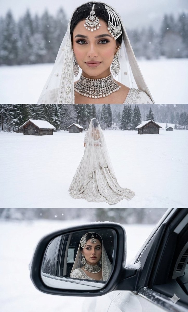 Wedding AI prompt example — Three-Panel South Asian Bride in Snowy Landscape