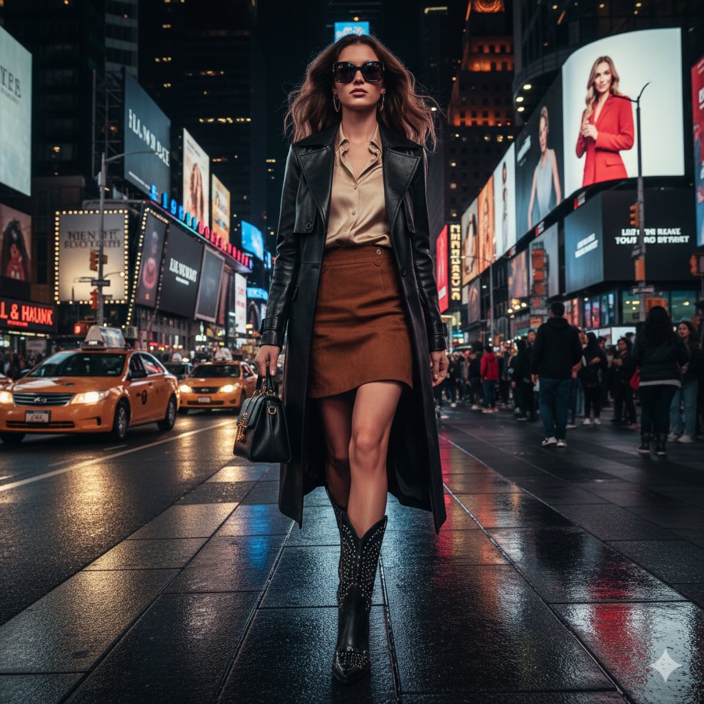 Ultra-realistic cinematic western fashion in Times Square prompt