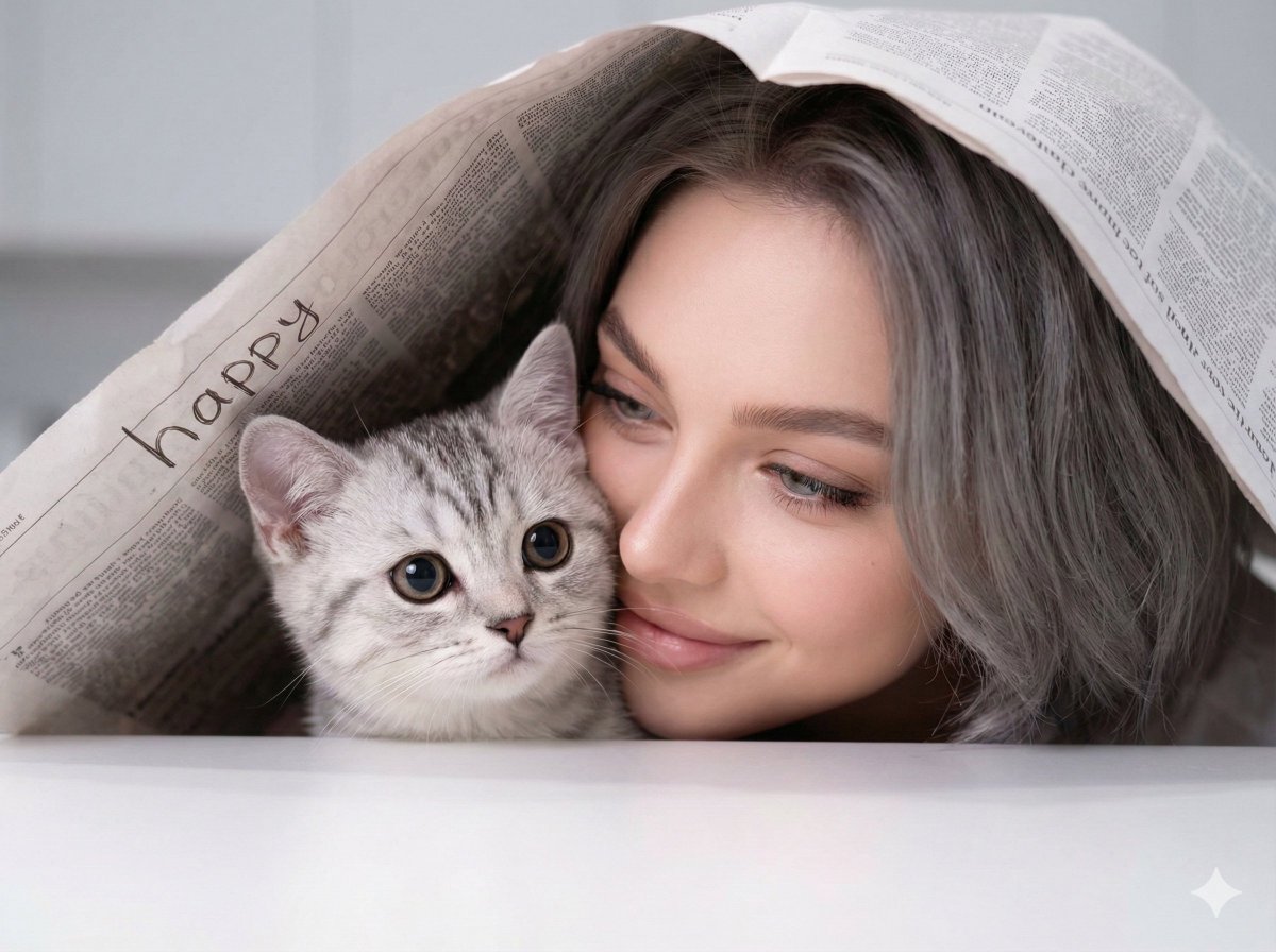 Nano Banana Pro prompt example — Warm Portrait of Woman and Kitten Peeking Under Paper