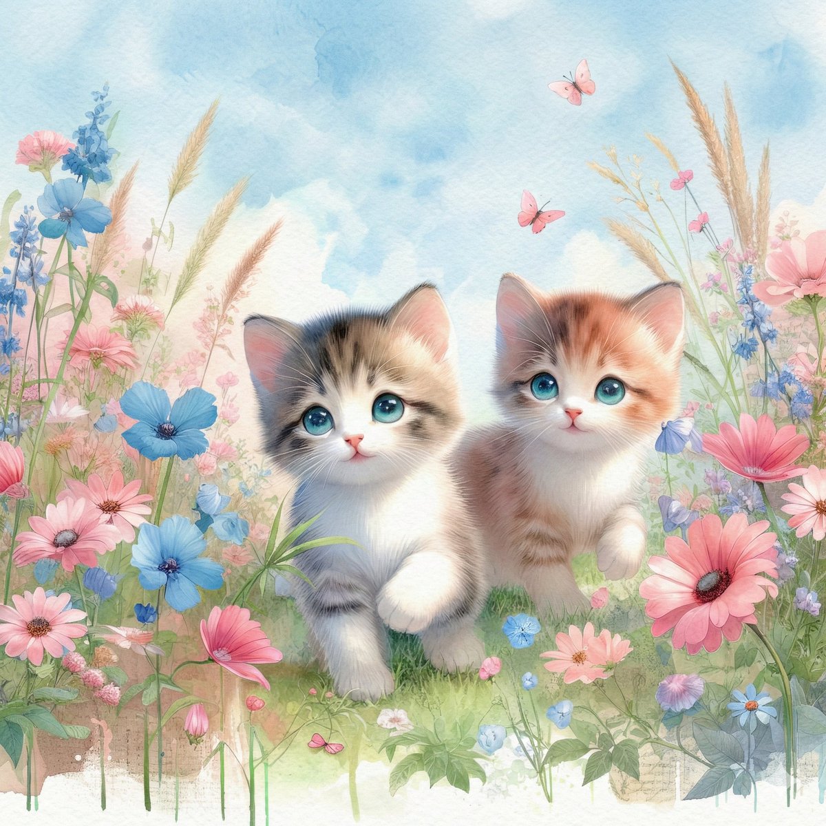 Nano Banana Pro prompt example — Watercolor Illustration of Kittens in a Garden