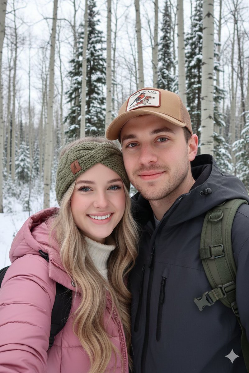 AI image generated with this prompt — Winter Hiking Couple Selfie JSON Prompt